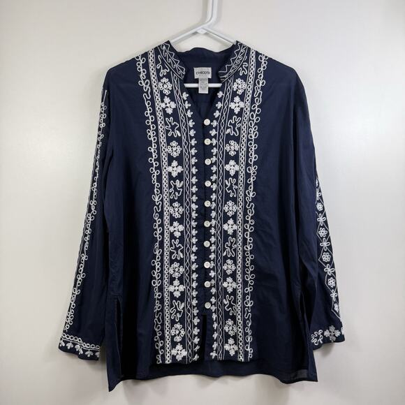 Chico’s Navy White Embroidered Button Up Tunic Top Size L (12) 100% Cotton Boho - Picture 12 of 14